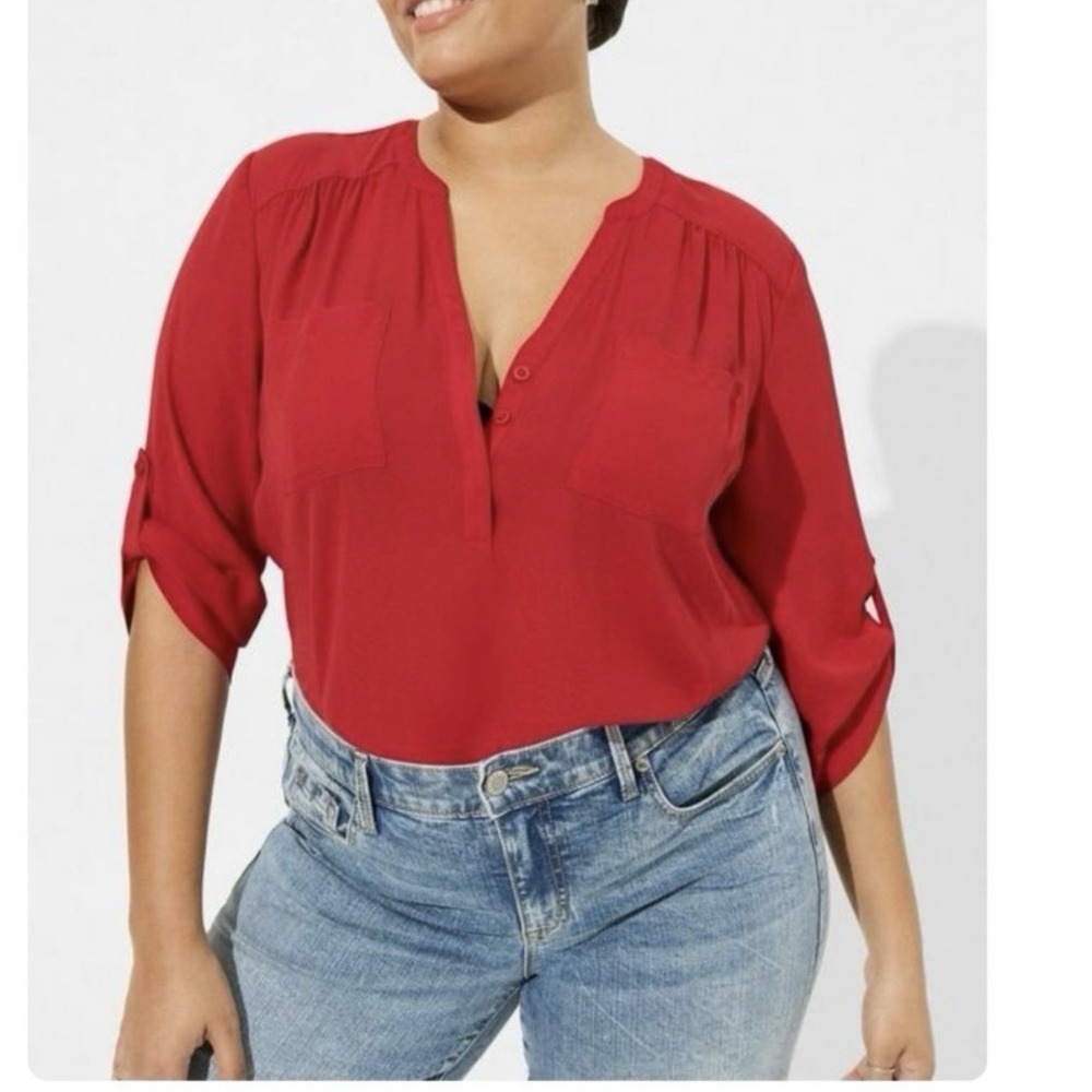 Torrid Harper Red Georgette 3/4 Sleeve Pullover Blouse Size 1X Office Teacher